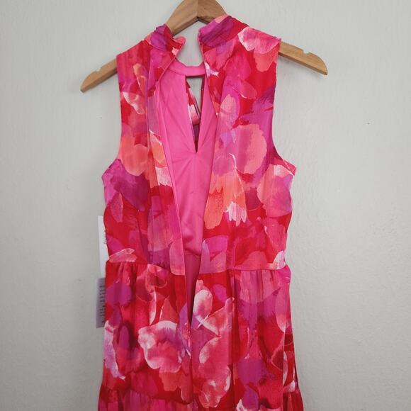 NEW London Times Fuchsia Pink Orange Floral Tiered Sleeveless Maxi Dress - Picture 9 of 9